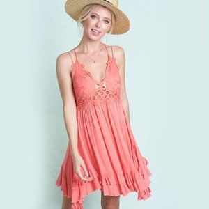 La Miel Coral Boho Crochet Stretchy Lace Dress